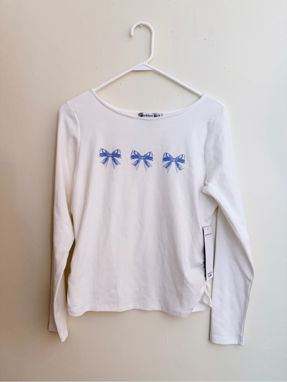 Madden Girl White Long Sleeve Top with Blue Bow Trio